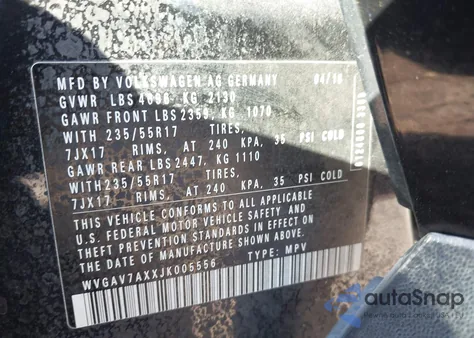 2018 Volkswagen Tiguan Limited 2.0T from USA, damaged, VIN WVGAV7AXXJK005556